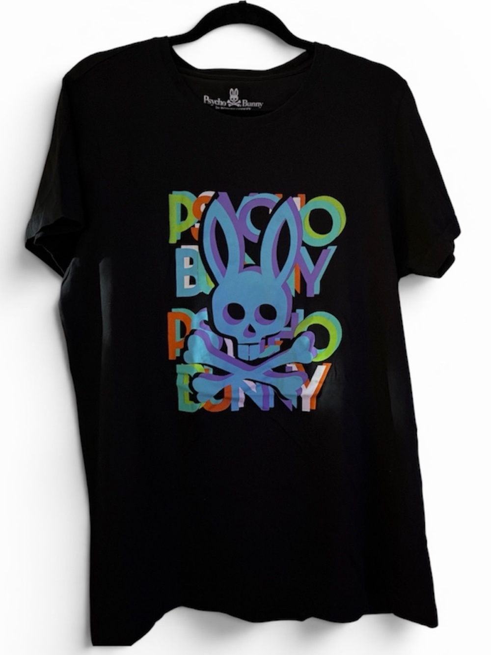 Psycho Bunny Black Tee with Multicolor Bunny Skull Graphic